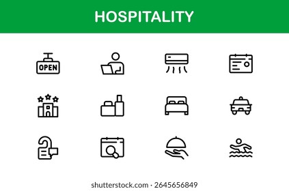 Professional Hospitality Icon Collection with Line Art Symbols for Hotels, Travel, Food Service, Customer Experience, and Tourism