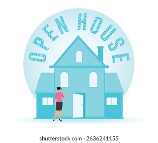 A professional hosting a real estate open house event featuring a welcoming residential building and text overlay. Home for sale concept.