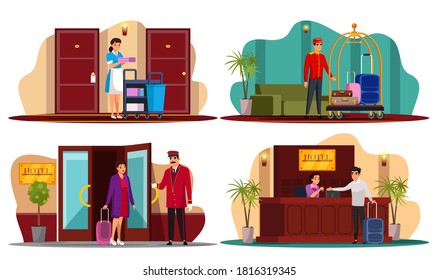 Professional Hotel Staff Service. Vector Friendly Smiling Positive Man And Woman Manager, Doorman, Maid, Administrator Receptionist Serving Guest. People At Workplace Scene Isolated Set