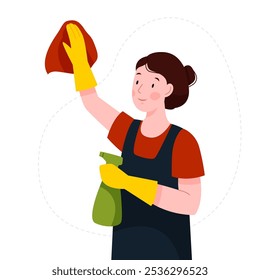 Professional house cleaning service. Happy woman cleaning home. Woman washing. Girl makes housework. Vector flat illustration.