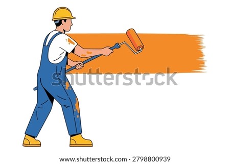 Professional house painter applying orange paint on wall with roller brush vector illustration