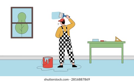 Professional house painter in checkerboard overalls painting a wall light blue with a brush inside a room.