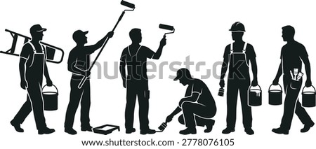 Professional house painter silhouettes, construction workers using rollers and brushes with paint buckets and ladders, home renovation service icons