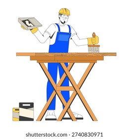 Professional house painter at workbench 2D vector illustration. Paintbrush varnish. Skilled trade worker applying coating to wooden surface flat character isolated on white. Colorful cartoon image