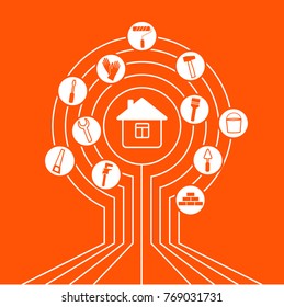 Professional House Remodeling in orange. Growth tree idea with House Remodeling concept.  Set of remodeling tools.  Flat design. Vector interactive illustration EPS10.
