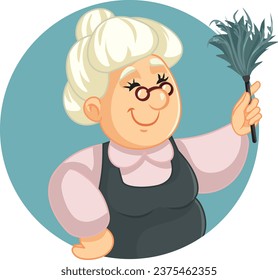 
Professional Housekeeper Holding Duster Vector Cartoon Mascot Character. Elderly housekeeper wearing her uniform working doing her job 
