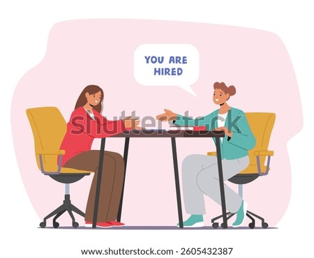 Professional HR manager congratulating candidate on successfully passing job interview scene. Applicant hiring and recruiting experience vector illustration. Women hand shaking to finish meeting