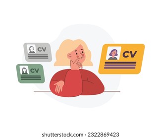 Professional human resource worker looking at CV of different people, selecting the best candidates for work or study. Personnel department concept. Flat vector illustration in red and yellow colors