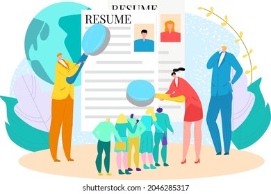 Especialista profesional en recursos humanos retiene currículum y lupa, entrevista de trabajo ilustración vectorial plana, aislado en blanco.