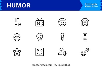 Professionelle Humor Linie Icon Pack mit modernem minimalen Stil, bearbeitbare Pixel perfekte Designs mit einzigartigen lustigen und Comedy-Symbole, Premium-Qualität Vektor-Set für Kreative