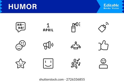 Professional Humor Line Icon Pack with Modern Minimal Style, Editable Pixel Perfect Designs Featuring Unique Funny and Comedy Symbols, Premium Quality Vector Set for Creatives