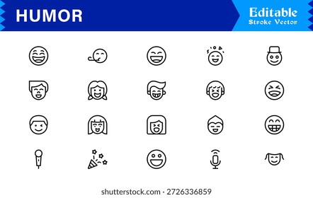 Professionelle Humor Linie Icon Pack mit modernem minimalen Stil, bearbeitbare Pixel perfekte Designs mit einzigartigen lustigen und Comedy-Symbole, Premium-Qualität Vektor-Set für Kreative