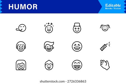 Professional Humor Line Icon Pack with Modern Minimal Style, Editable Pixel Perfect Designs Featuring Unique Funny and Comedy Symbols, Premium Quality Vector Set for Creatives