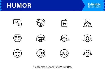 Professional Humor Line Icon Pack with Modern Minimal Style, Editable Pixel Perfect Designs Featuring Unique Funny and Comedy Symbols, Premium Quality Vector Set for Creatives