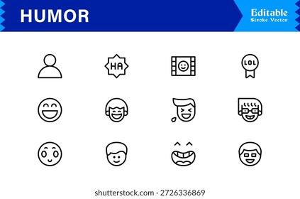 Professionelle Humor Linie Icon Pack mit modernem minimalen Stil, bearbeitbare Pixel perfekte Designs mit einzigartigen lustigen und Comedy-Symbole, Premium-Qualität Vektor-Set für Kreative