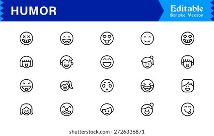 Professionelle Humor Linie Icon Pack mit modernem minimalen Stil, bearbeitbare Pixel perfekte Designs mit einzigartigen lustigen und Comedy-Symbole, Premium-Qualität Vektor-Set für Kreative