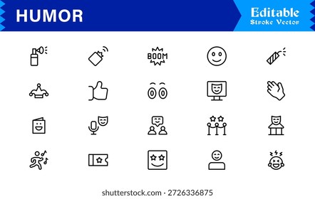 Professionelle Humor Linie Icon Pack mit modernem minimalen Stil, bearbeitbare Pixel perfekte Designs mit einzigartigen lustigen und Comedy-Symbole, Premium-Qualität Vektor-Set für Kreative