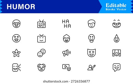 Professional Humor Line Icon Pack with Modern Minimal Style, Editable Pixel Perfect Designs Featuring Unique Funny and Comedy Symbols, Premium Quality Vector Set for Creatives