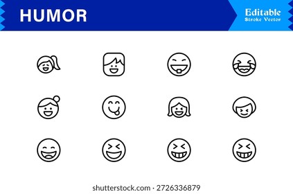 Professionelle Humor Linie Icon Pack mit modernem minimalen Stil, bearbeitbare Pixel perfekte Designs mit einzigartigen lustigen und Comedy-Symbole, Premium-Qualität Vektor-Set für Kreative