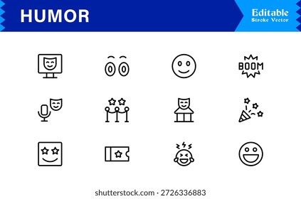 Professional Humor Line Icon Pack with Modern Minimal Style, Editable Pixel Perfect Designs Featuring Unique Funny and Comedy Symbols, Premium Quality Vector Set for Creatives