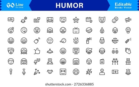 Professionelle Humor Linie Icon Pack mit modernem minimalen Stil, bearbeitbare Pixel perfekte Designs mit einzigartigen lustigen und Comedy-Symbole, Premium-Qualität Vektor-Set für Kreative