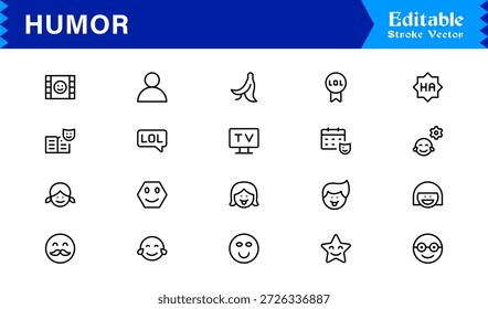 Professional Humor Line Icon Pack with Modern Minimal Style, Editable Pixel Perfect Designs Featuring Unique Funny and Comedy Symbols, Premium Quality Vector Set for Creatives