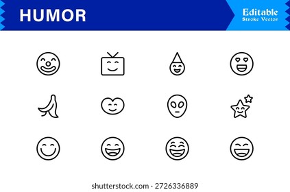 Professionelle Humor Linie Icon Pack mit modernem minimalen Stil, bearbeitbare Pixel perfekte Designs mit einzigartigen lustigen und Comedy-Symbole, Premium-Qualität Vektor-Set für Kreative