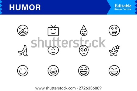 Professional Humor Line Icon Pack with Modern Minimal Style, Editable Pixel Perfect Designs Featuring Unique Funny and Comedy Symbols, Premium Quality Vector Set for Creatives