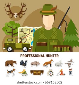 Professional hunter concept with map car animals and forest flat isolated vector illustration
