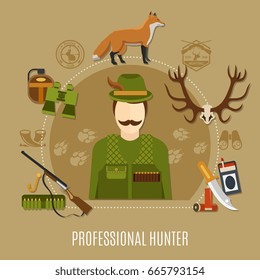 Professional hunter concept with uniform rifle and knife flat vector illustration