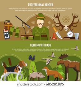 Professional hunter horizontal banners set with wild animals symbols flat isolated vector illustration