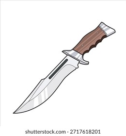 Arte vectorial de cuchillo de supervivencia de caza de Profesional con una afilada hoja de acero plateado y un mango de madera ergonómico. Ideal para camping, bushcraft, y temas de aventura al aire libre.