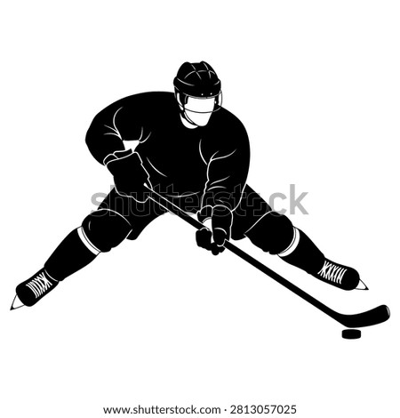 Professional ice hockey player skating aggressively with a stick while controlling the puck in this sharp black illustration on white background