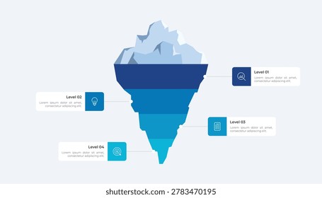 Professional iceberg infographic with four distinct levels and icons. Perfect for business analysis, showing hidden depth, marketing strategy, and data visualization.