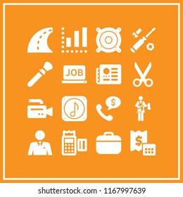 professional icon. 16 professional vector set. femenine, video camera, work tools and invoice icons for web and design about professional theme