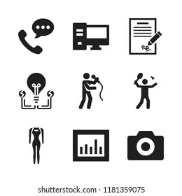 professional icon. 9 professional vector icons set. singer, signature and camera icons for web and design about professional theme