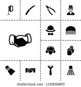 Professional icon. collection of 13 professional filled icons such as comb, handshake, pliers, gardening knife, doctor. editable professional icons for web and mobile.