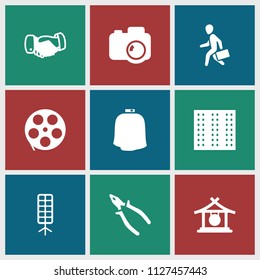 Professional icon. collection of 9 professional filled icons such as field, gong, handshake, pliers, movie tape, soft box. editable professional icons for web and mobile.