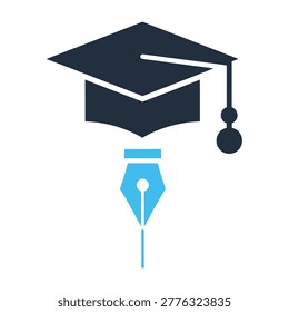A professional icon featuring a dark graduation cap combined with a blue fountain pen nib, representing academic excellence, creative writing, and scholarly pursuits.