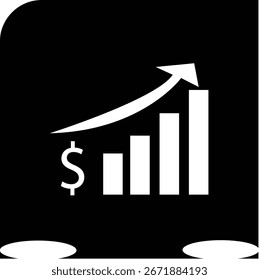 Un icono profesional con un gráfico de barras ascendente con un signo de dólar y una flecha hacia arriba, que simboliza el crecimiento financiero y las ganancias. Este ícono es perfecto para su uso en App financieros, presentaciones, Sitio web