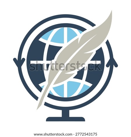 A professional icon featuring a world globe encircled by arrows with a quill pen overlay. Perfect for themes regarding international literature, global news reporting.