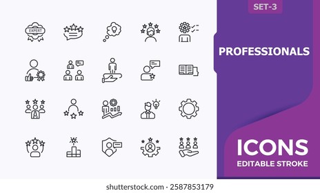 Professional icon pack. Contains such icons as success, knowledge, specific, technology, competence, computer, qualification and more. Sign and Symbol. Editable vector stroke.