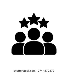 Professional icon representing a team of three people with three stars above them symbolizing high rating customer satisfaction or expert staff.