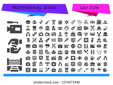  professional icon set. 120 filled professional icons. Simple modern icons about  - Camera, Boxing ring, Hands, Puck, Hat, Spotlight, Laser pen, Column, Hand, Sheriff, Plier, Stethoscope