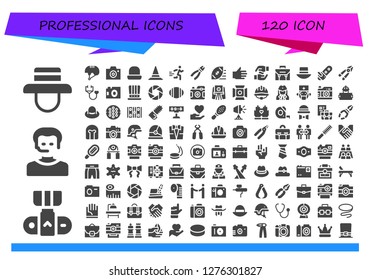  professional icon set. 120 filled professional icons. Simple modern icons about  - Hat, Camera, Operator, Helmet, Runner, Pliers, Rugby ball, Hand, Hands, Briefcase, Chainsaw