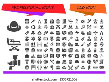 professional icon set. 120 filled professional icons.  Collection Of - Hat, Airbrush, Stretcher, Capture, Comb, Pliers, Chess, Suit, Photo camera, Stethoscope, Spotlight, Rugby ball