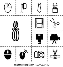 Professional icon. set of 13 filled and outline professional icons such as mouse, soft box, camera, computer mouse, worker, pliers, movie tape, medical scissors, hockey
