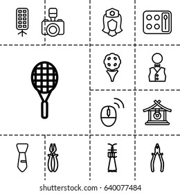 Professional icon. set of 13 outline professionalicons such as gong, eyeshadow palette, tie, pliers, nurse, camera, soft box, waiter, computer mouse, tennis rocket