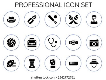 professional icon set. 15 filled professional icons.  Simple modern icons about  - Hat, Volleyball, Pliers, Briefcase, Baseball, Stethoscope, Spotlight, Champion belt, Operator