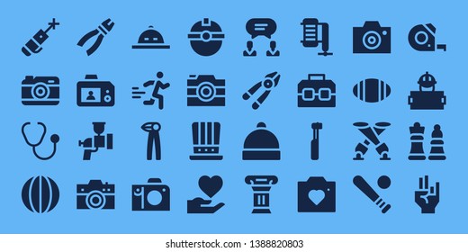 professional icon set. 32 filled professional icons. on blue background style Collection Of - Laser pen, Camera, Stethoscope, Volleyball, Pliers, Airbrush, Hat, Runner, Worker